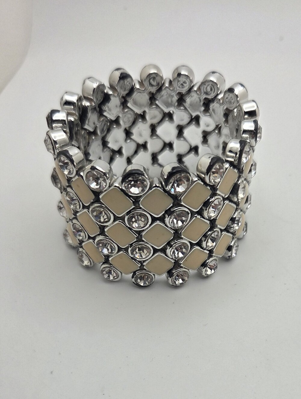 Cream Tile Rhinestone Stretch Wide Cuff Bracelet Neutral